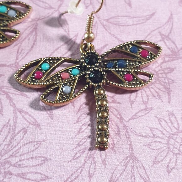 Dragonfly Dangle Earrings With Multicolor Gem Accents & Antique Gold Finish For - Picture 3 of 5
